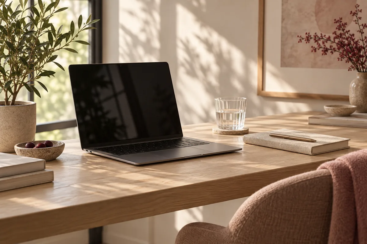 Illustration of a laptop and notebook on a sunlit desk
